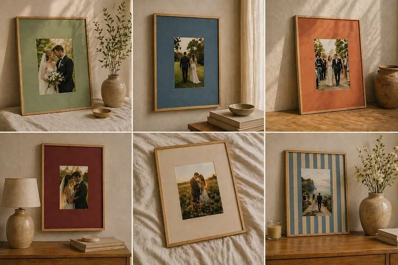 Indrammede prints i forskellige farver stillet op i hjemlige rum